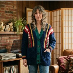 CIDER Chunky Knit Cardigan Grandpacore Retro Eclectic Multi-Color Sweater